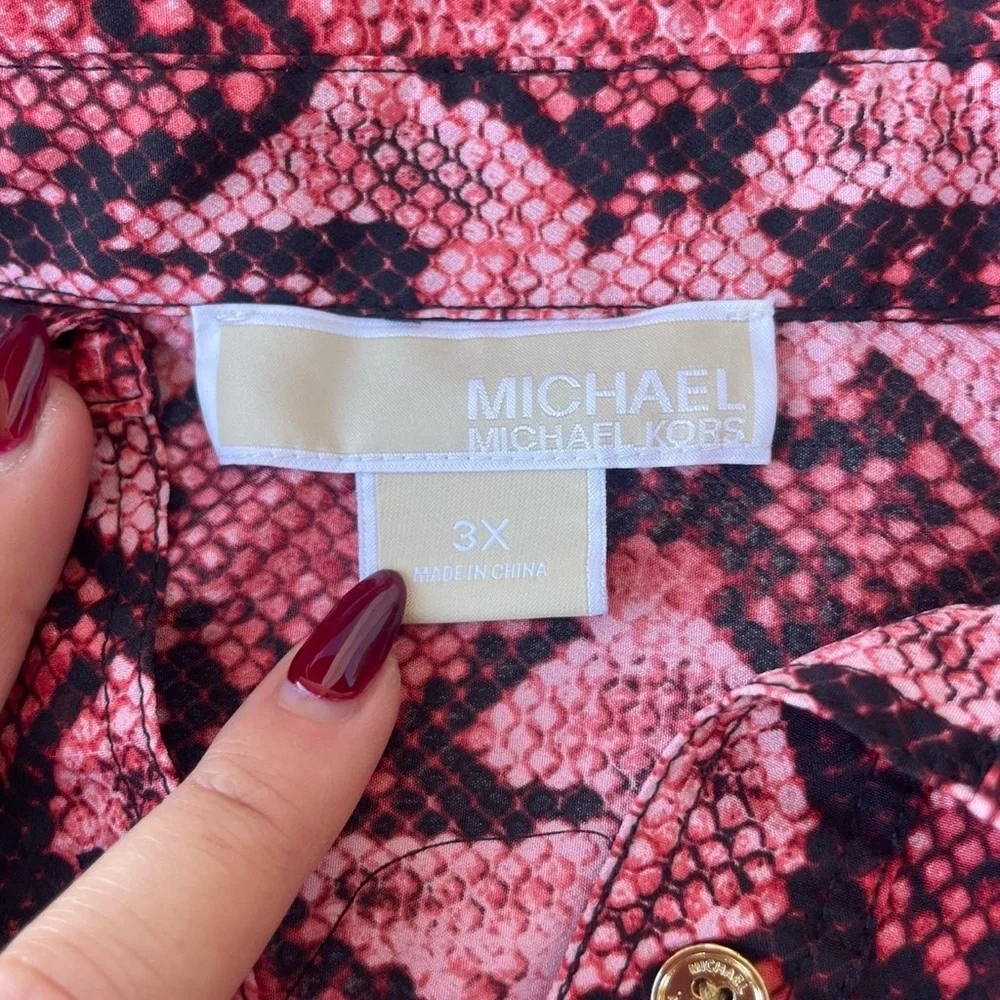 MICHAEL KORS silky red/copper snake print button down blouse sz 3X